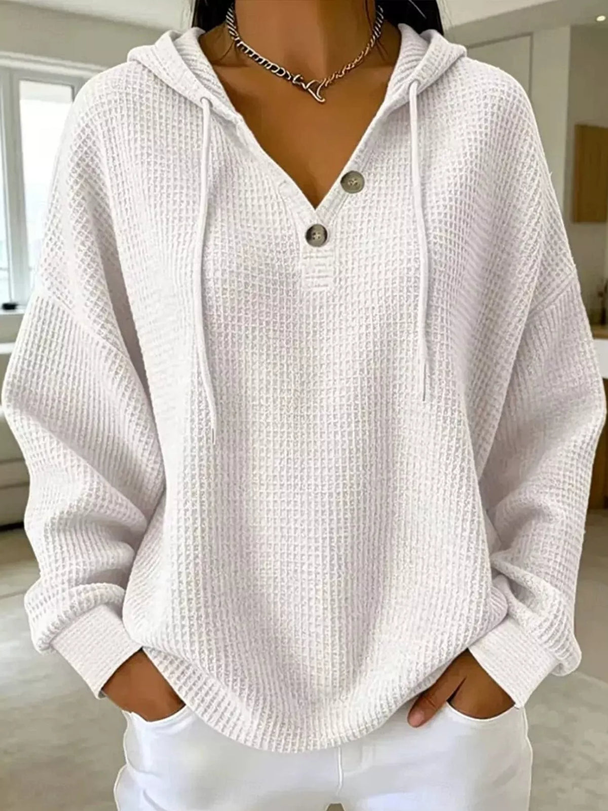 Full Size Waffle Knit Button Detail Hoodie Plus Size
