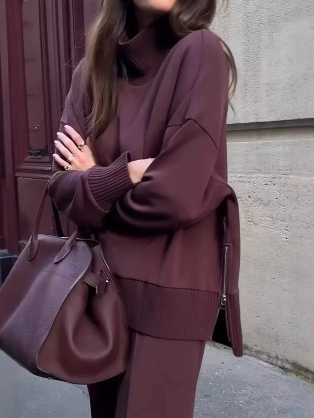 Turtleneck Dropped Shoulder Top and Pants Set