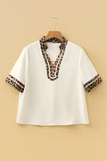 Leopard Patchwork Trim Split Neck Blouse