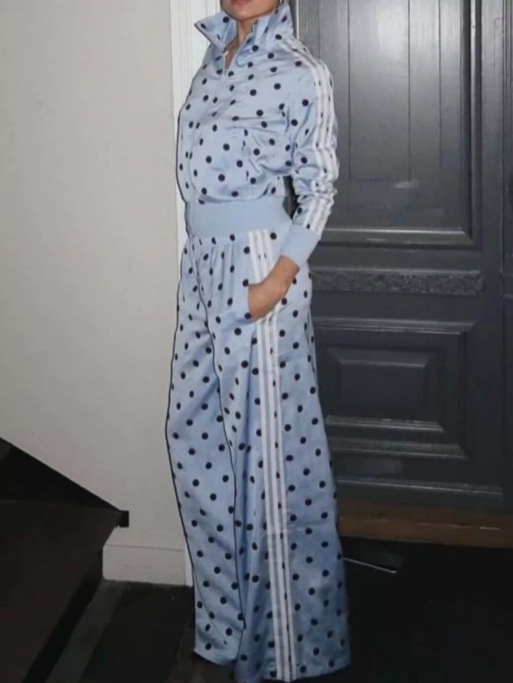 Polka Dot Side Striped Outerwear and Pants Set