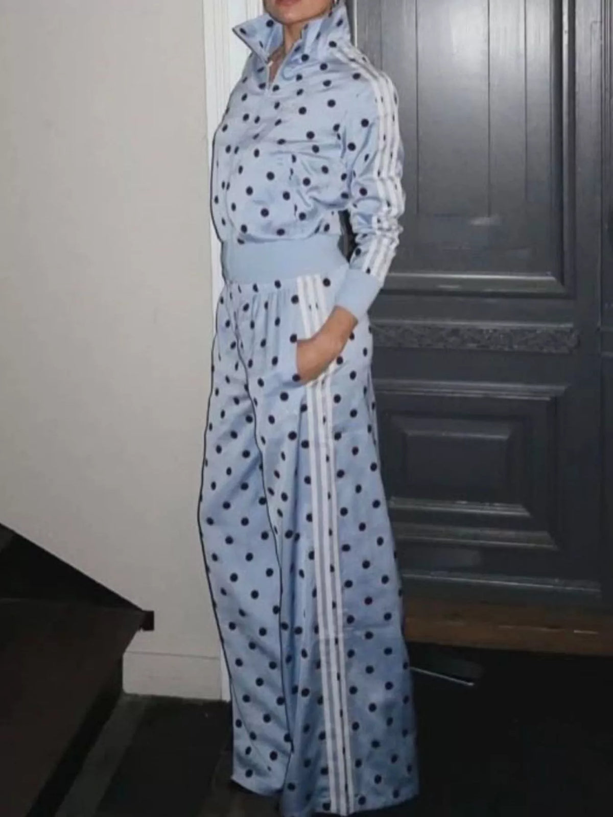 Polka Dot Side Striped Outerwear and Pants Set