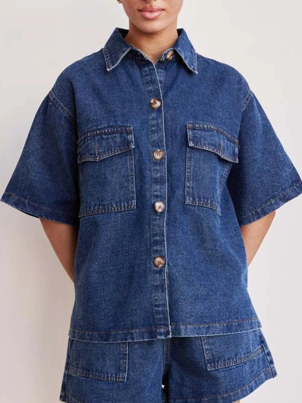 Button Up Half Sleeve Denim Shirt