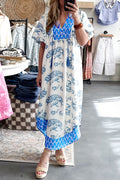 Sky Blue Plus Size Floral Print Contrast Boho Patchwork V Neck Loose Midi Dress