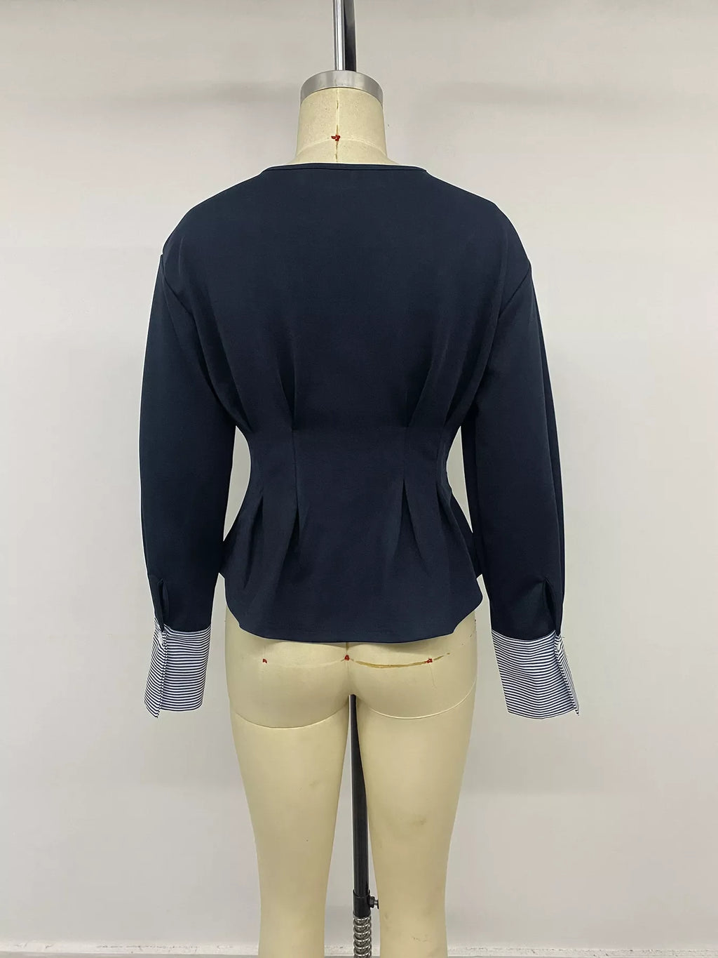 Round Neck Peplum Top with Striped Cuffs