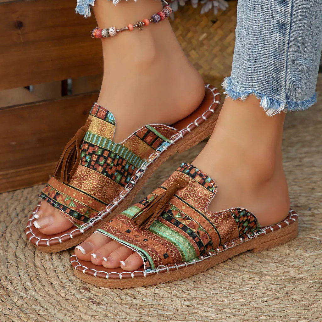 Printed Tassel Flat Sandals