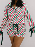 Striped Contrast Velvet Ribbon Knot Christmas Pajama Set