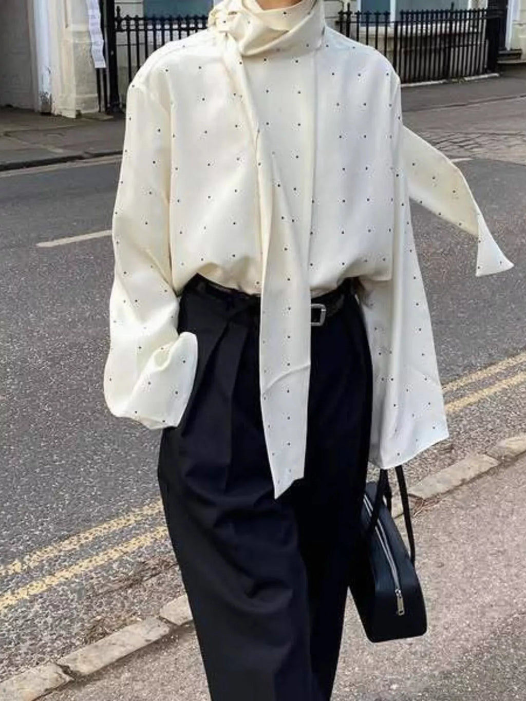 Polka Dot Silk Blouse with Scarf Neck Tie