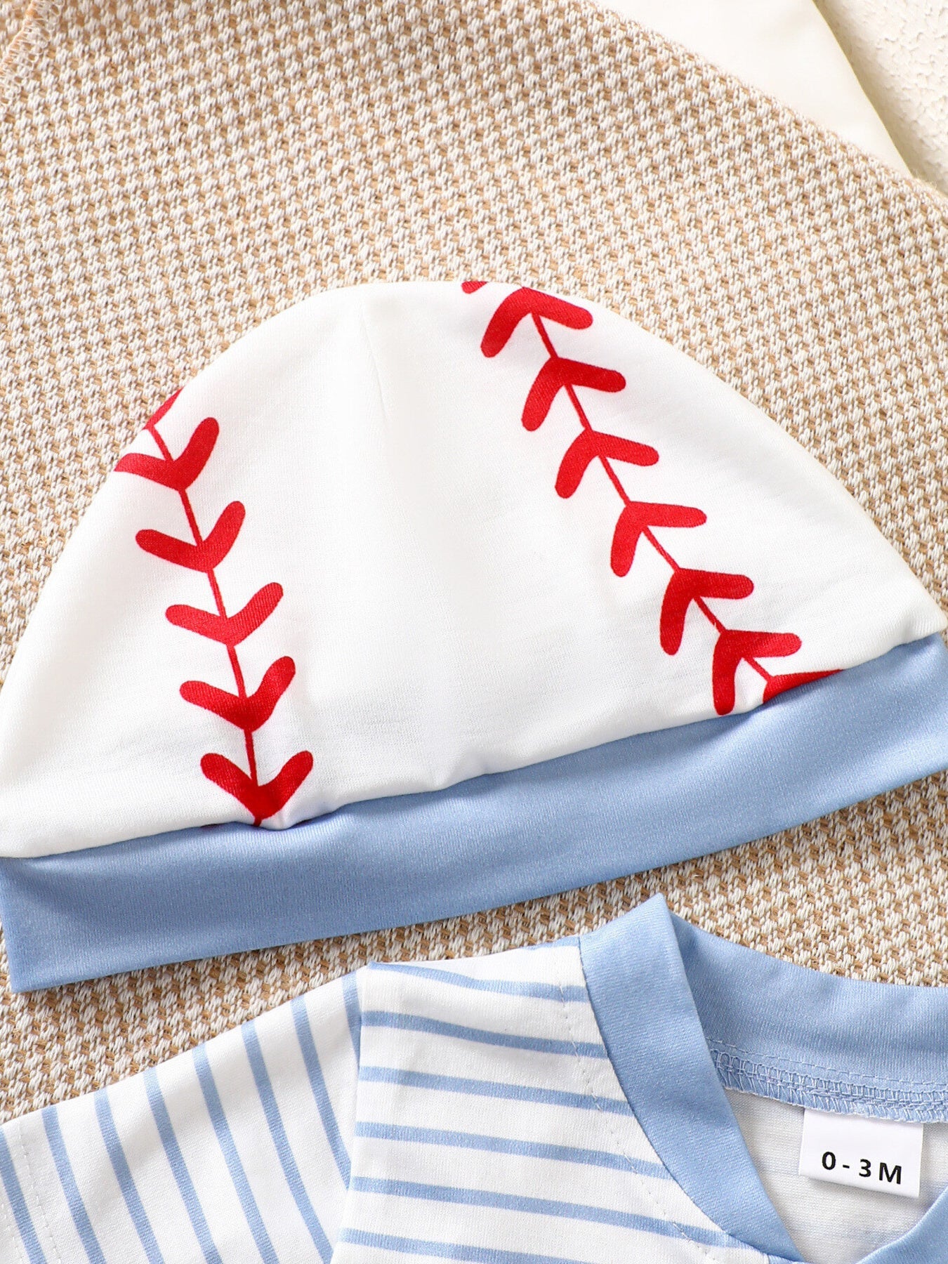 Children's Striped Bodysuit & Baseball Print Shorts & Hat 3-Piece Set