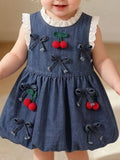 Children's Denim Cherry Applique Dress with Lace Trim