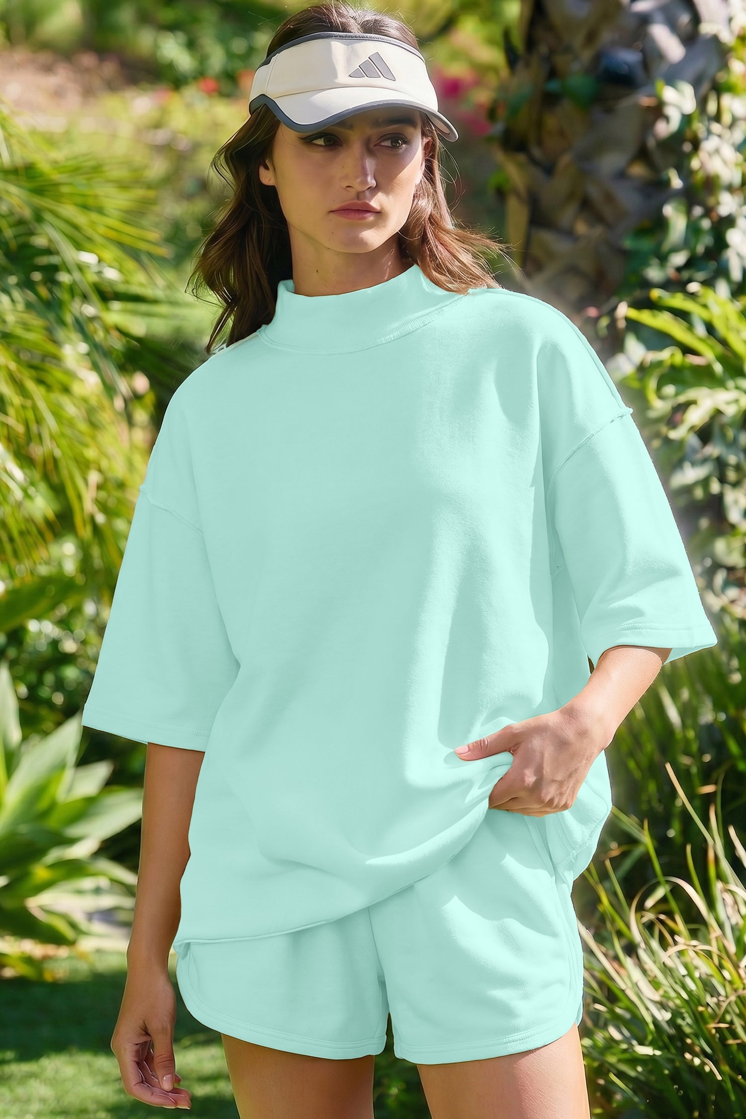 Moonlight Jade Solid Color Exposed Seam Mock Neck Oversize Tee Casual Shorts 2pcs Outfit