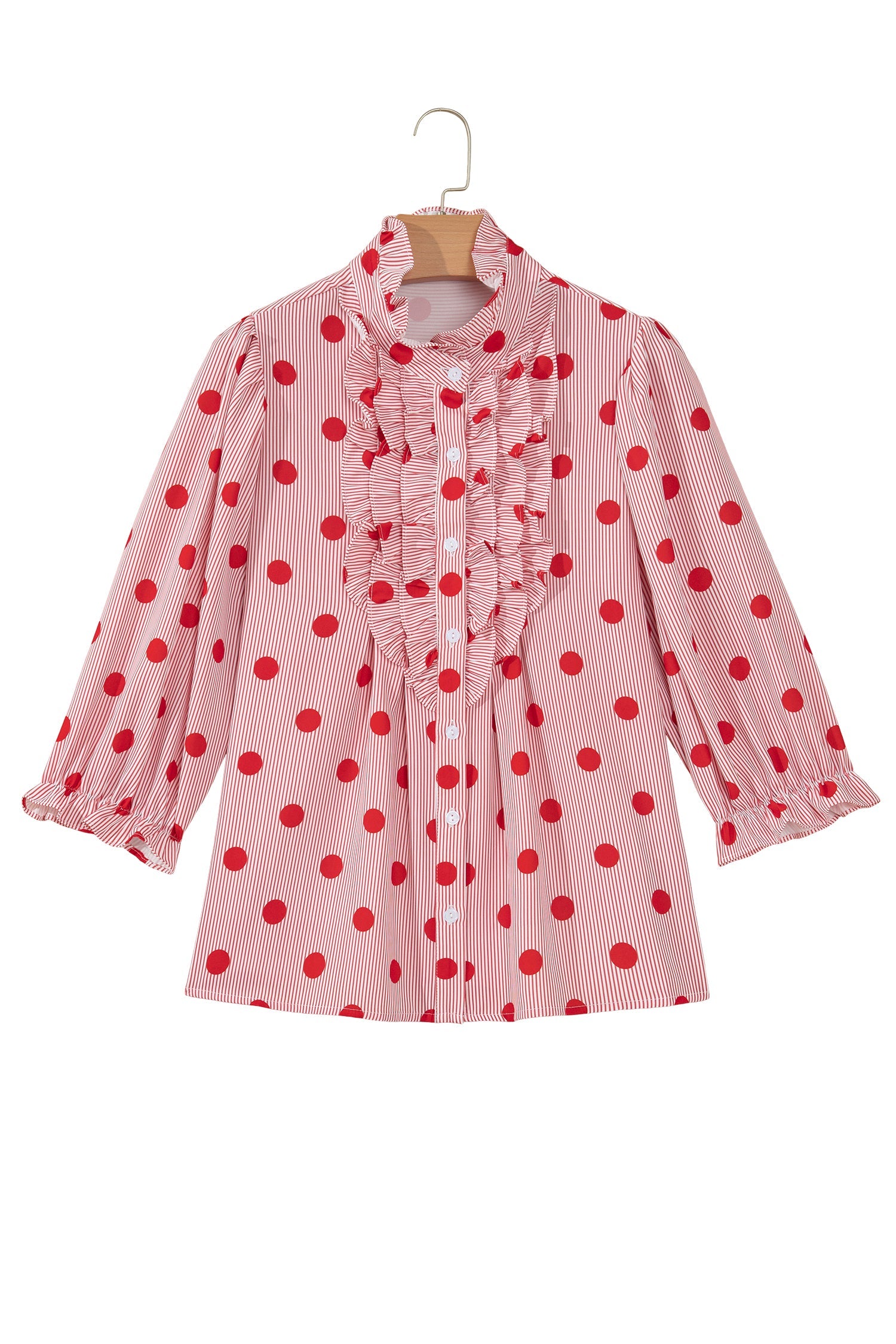 Sky Blue Polka Dot Print Ruffle Stand Neck 3/4 Sleeve Shift Shirt