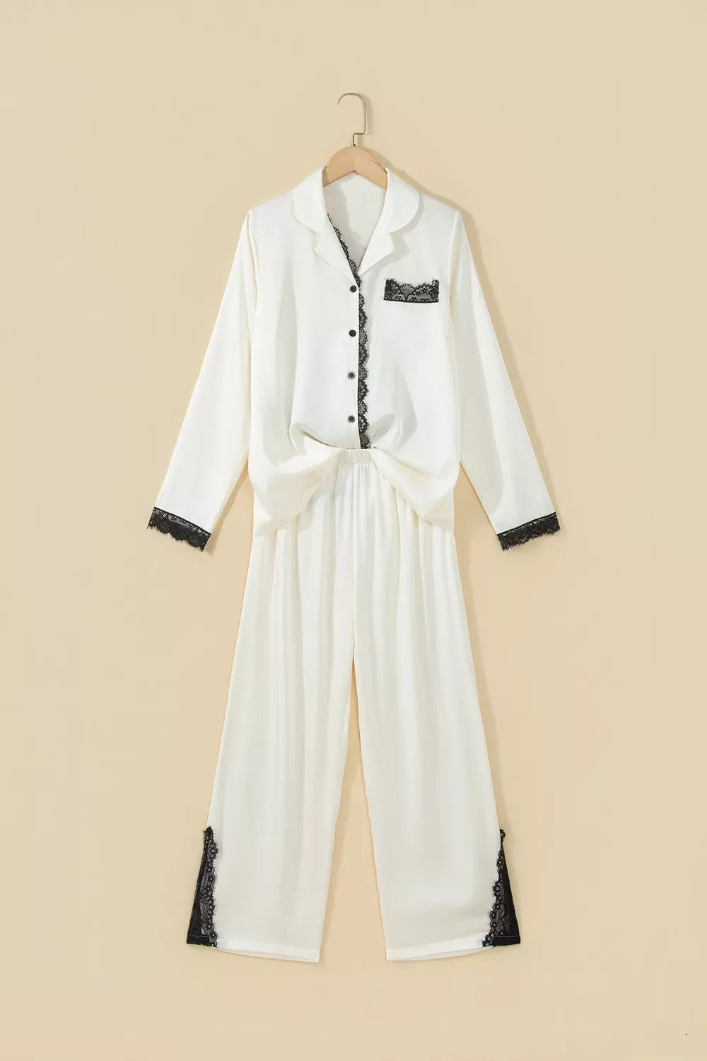 Long Sleeve Lace Trim Button Front Pajama Set