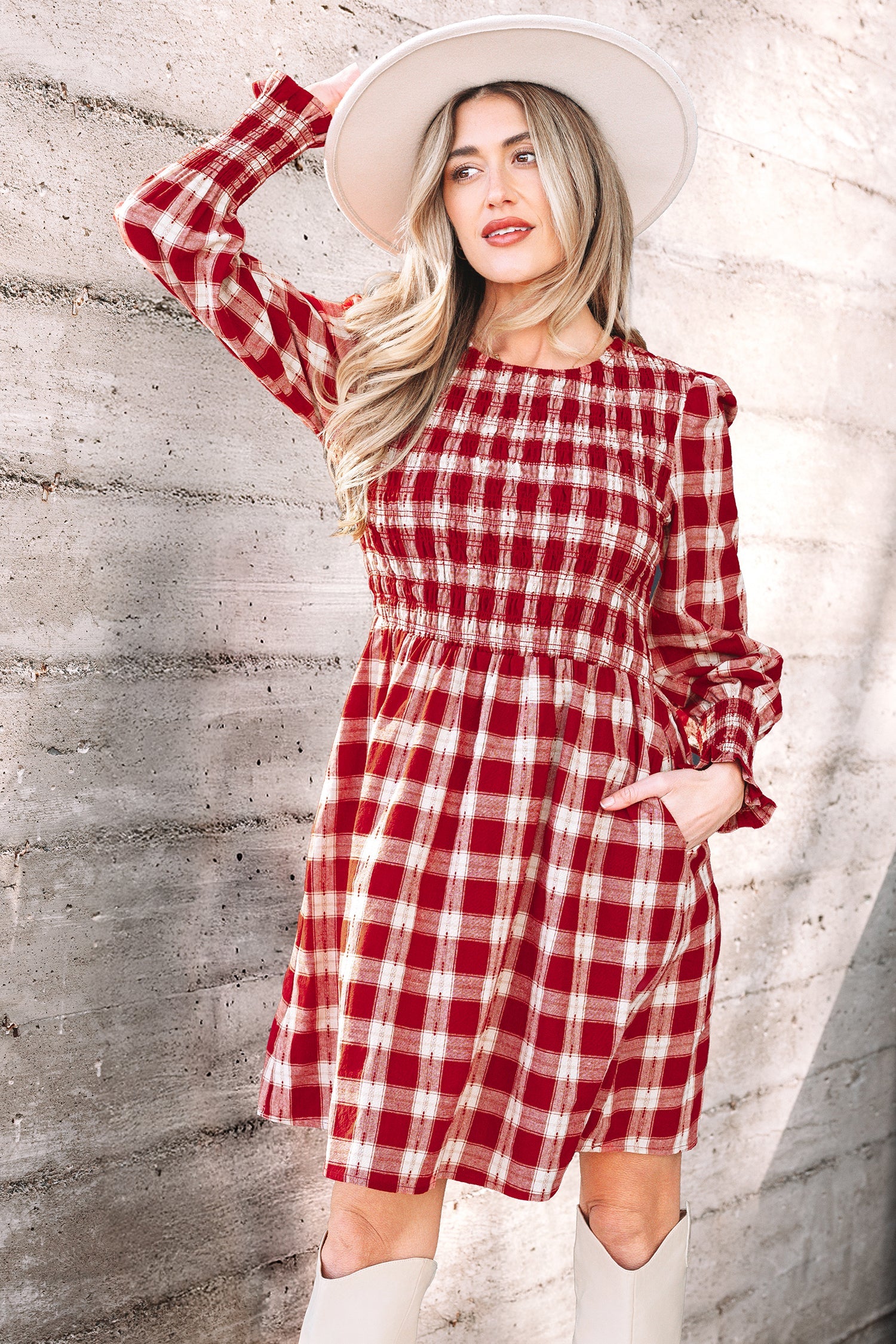 Red Plaid Print Smocked Puff Sleeve Mini Dress