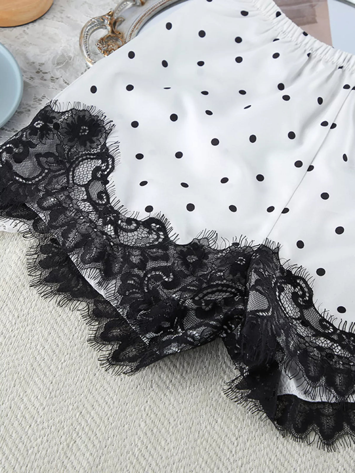Polka Dot Lace Trim Cami & Cardigan and Shorts Set