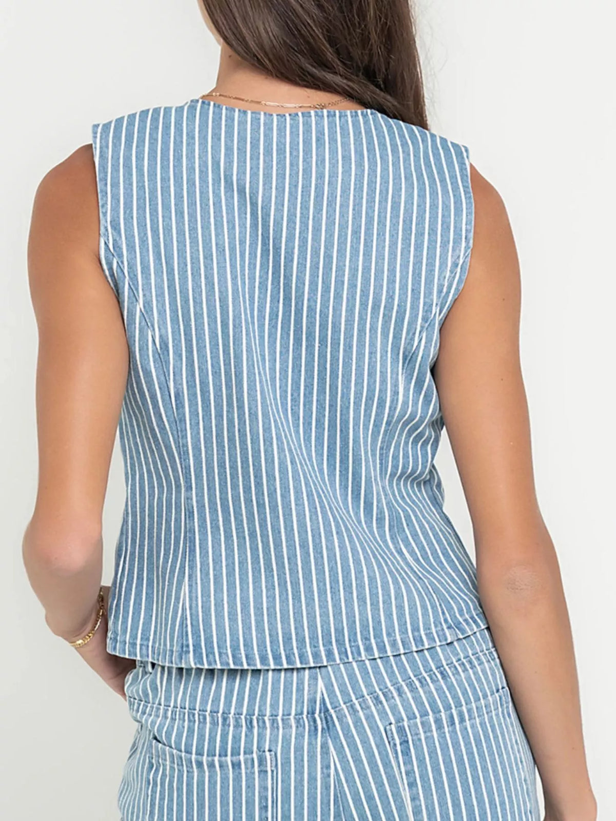 Striped Button Up Sleeveless Top and Jeans Denim Set