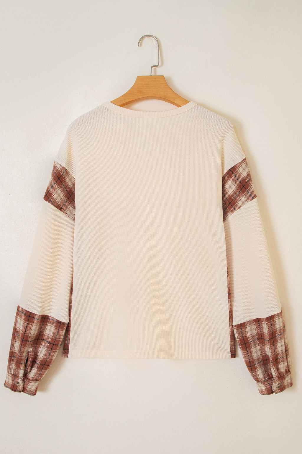Beige Waffle Textured V Neck Plaid Colorblock Drop Shoulder Long Sleeve Top