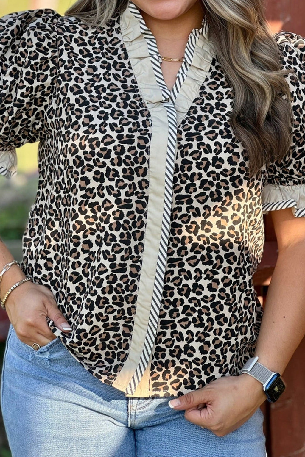Black Plus Leopard Print Striped Color Block Trim Frilled V Neck Short Sleeve Blouse