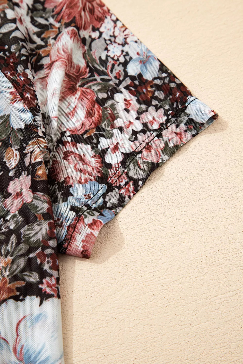 Floral Print Mock Neck Sheer Mesh Top