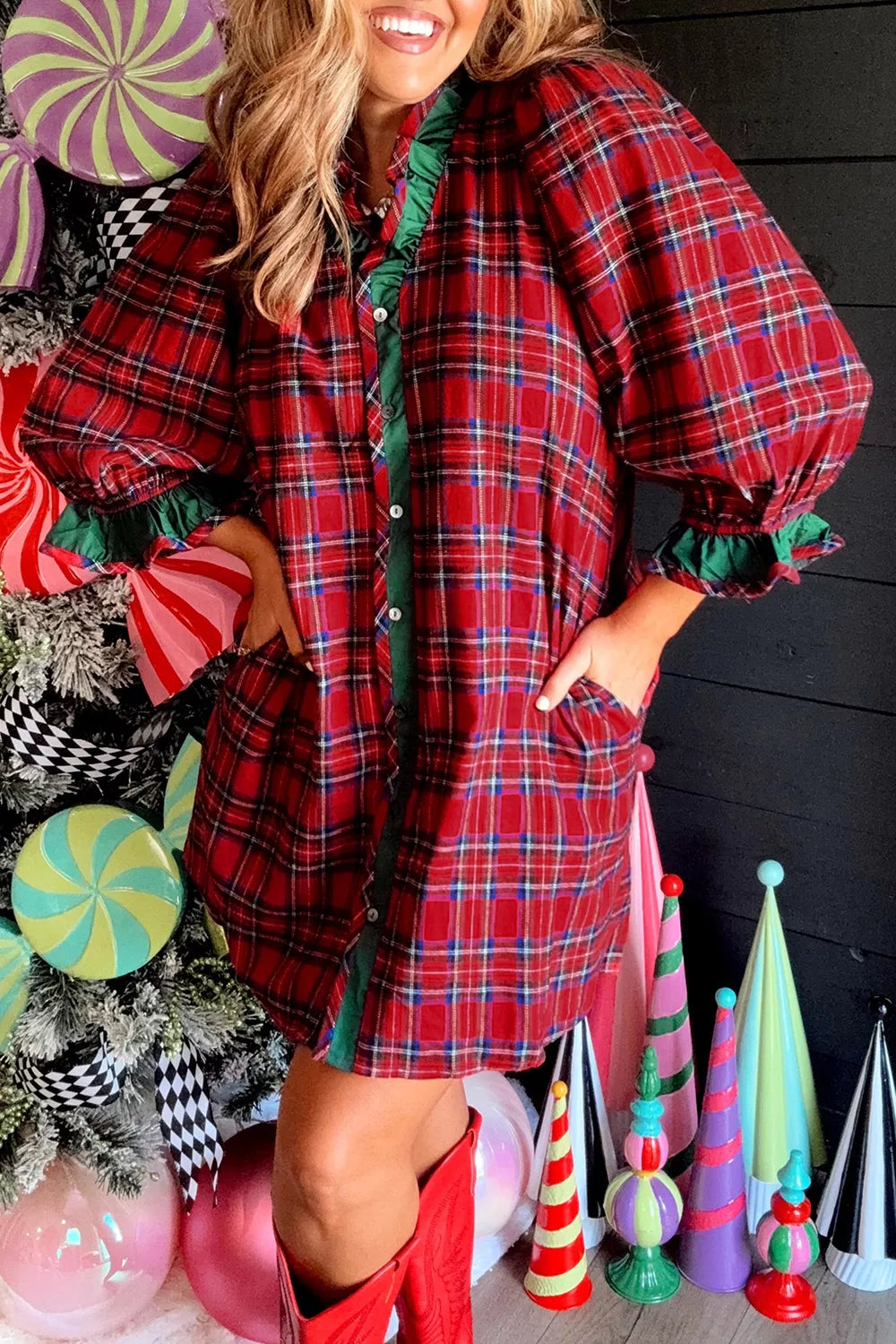 Plaid Ruffle Cuff Button Front Pocket Mini Dress