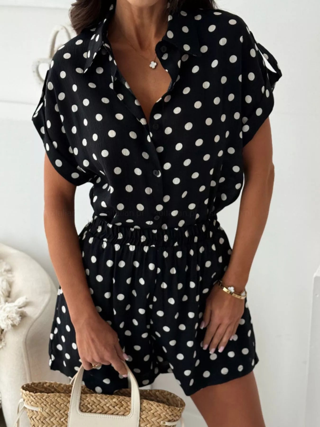 Polka Dot Button Up Shirt and Shorts Set