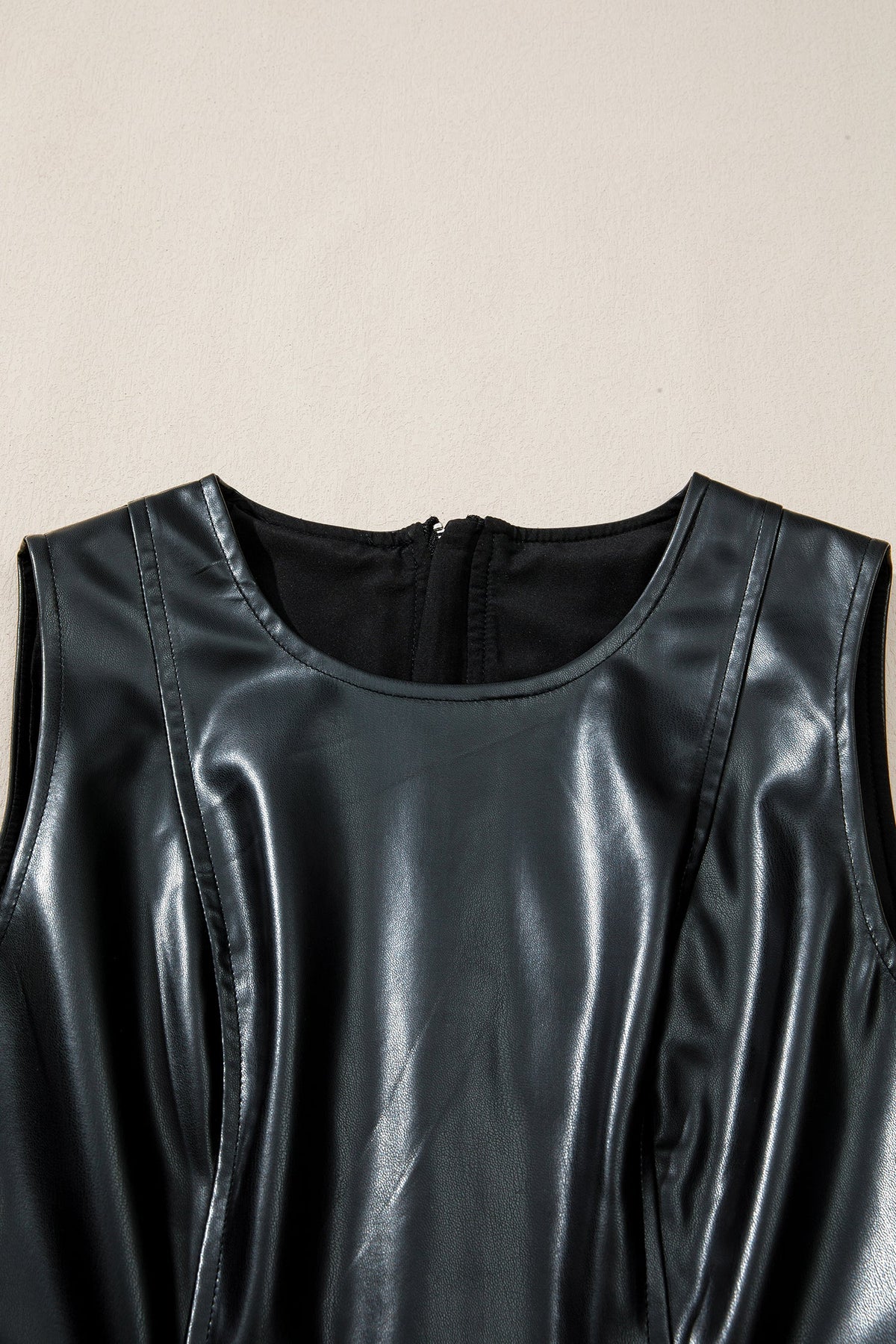 Faux Leather Ruffle Hem Sleeveless Mini Dress
