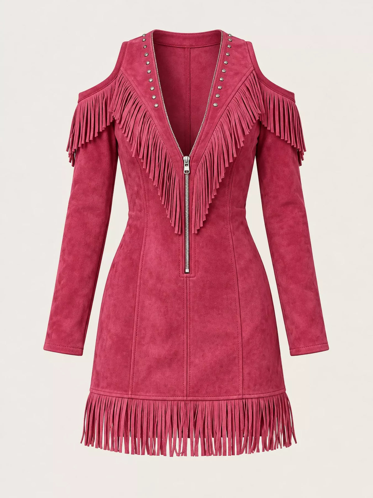 Full Size Fringed Cold-Shoulder Zip-Front Mini Dress Plus Size