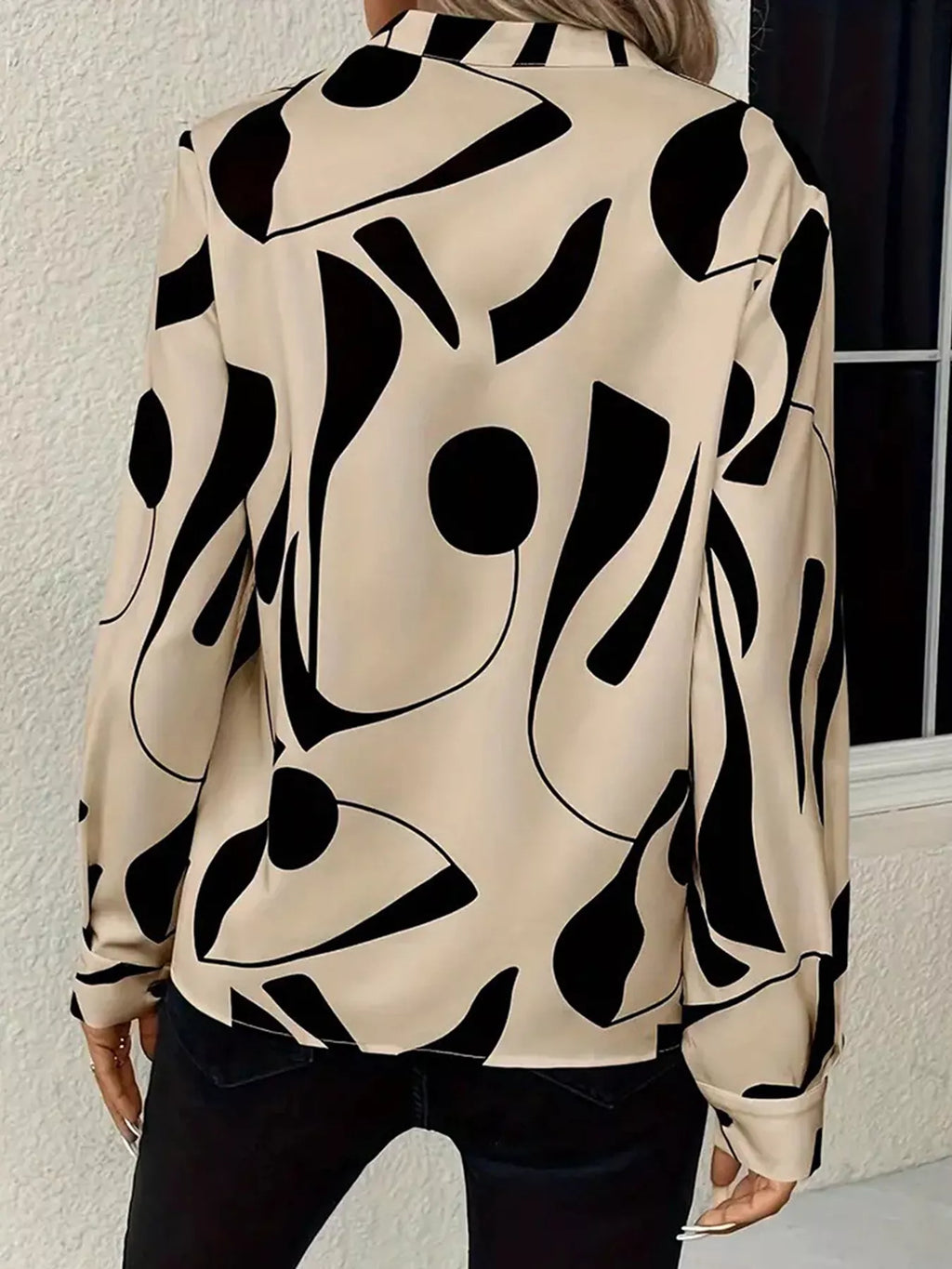 Abstract Print Notched Long Sleeve Blouse