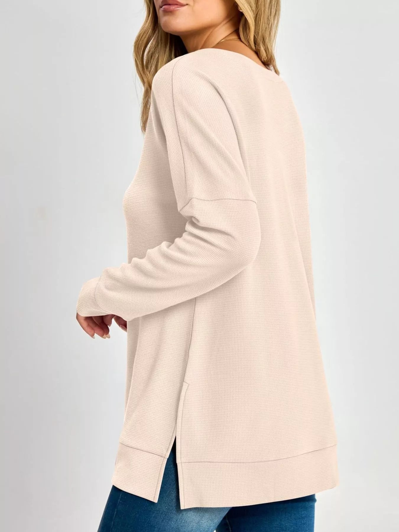 Side Slit Waffle Knit V-Neck T-Shirt