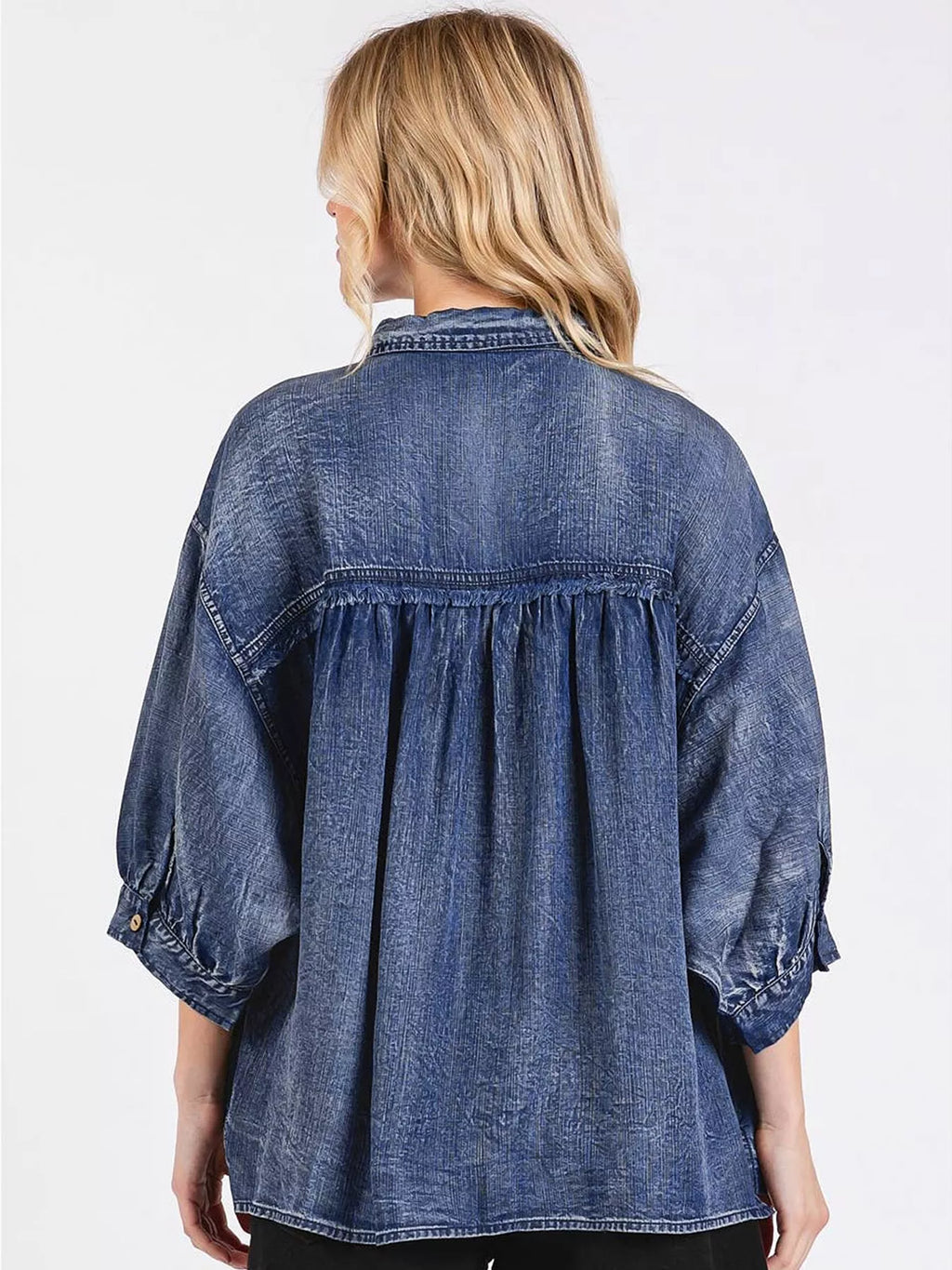 Three Quarter Sleeve Button Front Loose Denim Shirt