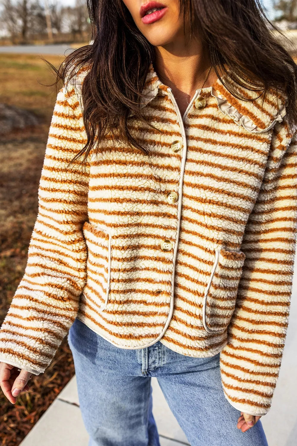 Striped Fleece Button Front Long Sleeve Regular Fit Jacket