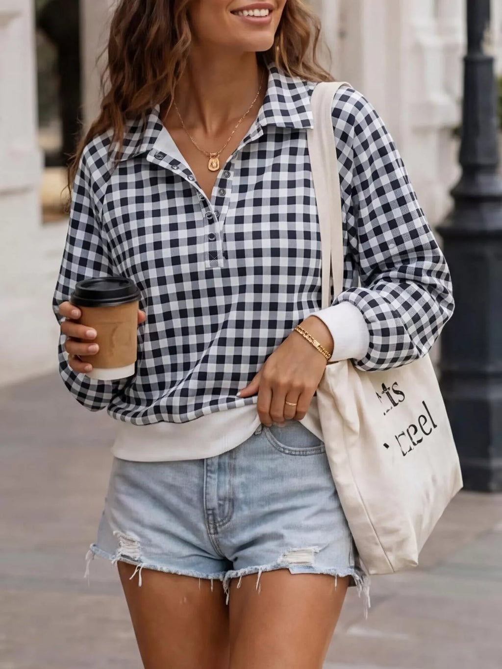 Gingham Plaid Collared Sweatshirt with Ribbed Hem