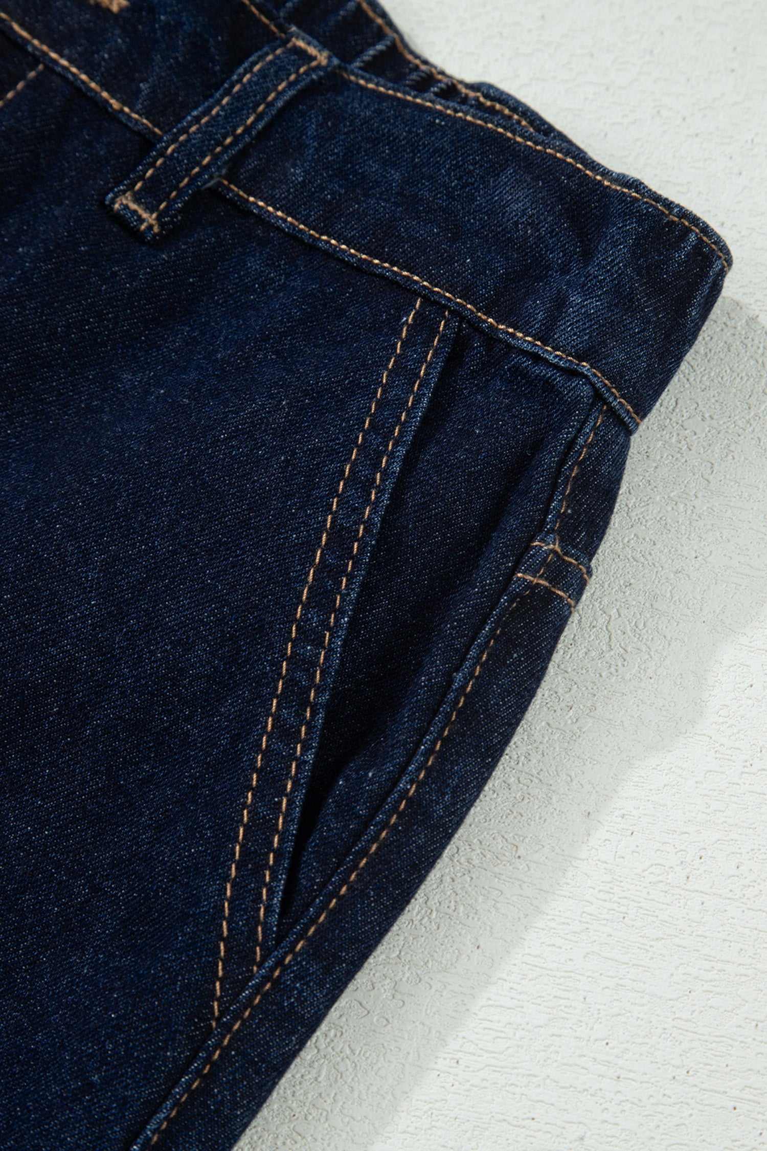 Navy Blue Embroidered Scalloped Trim Relaxed Denim Shorts