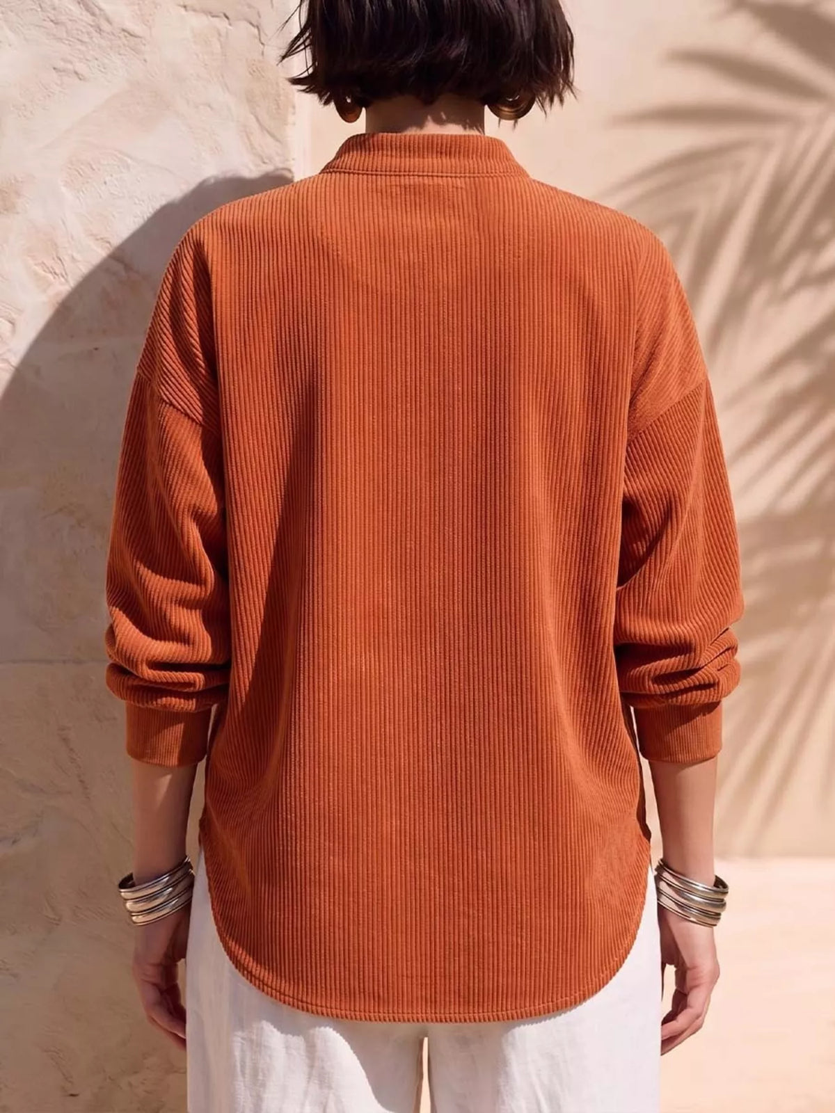 Full Size Half Zip Dropped Shoulder Corduroy Top Plus Size