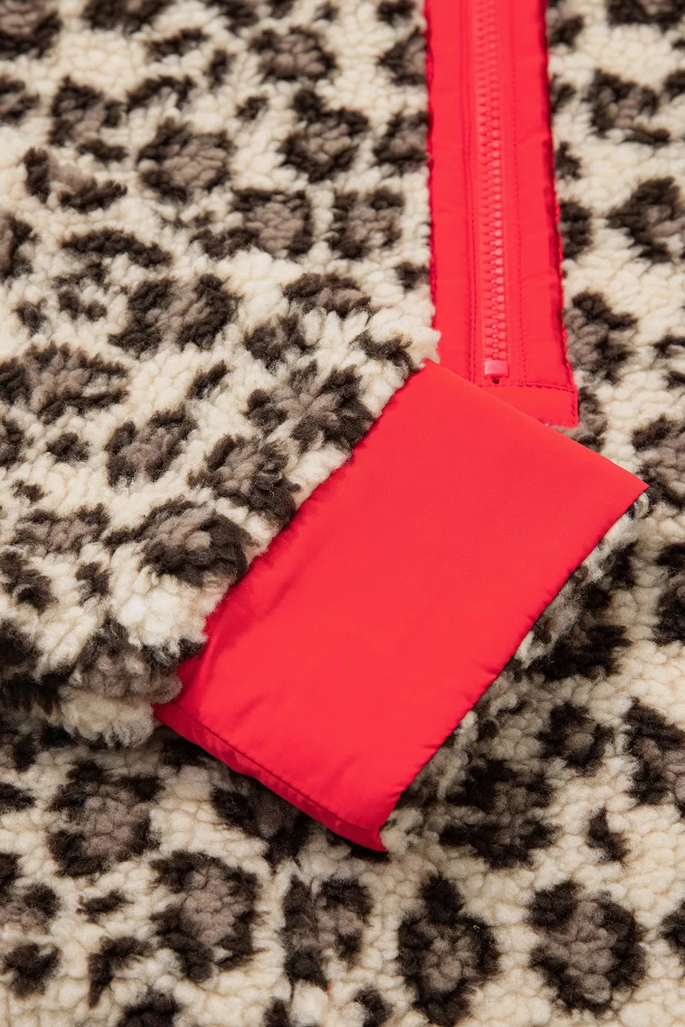 Leopard Print Zip-Up Red Accents Pockets Sweatshirt
