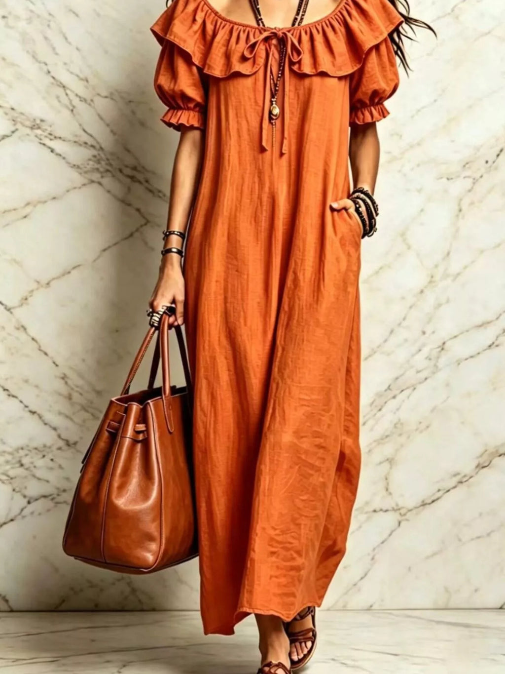 Ruffle Trim Puff Sleeve Maxi Dress