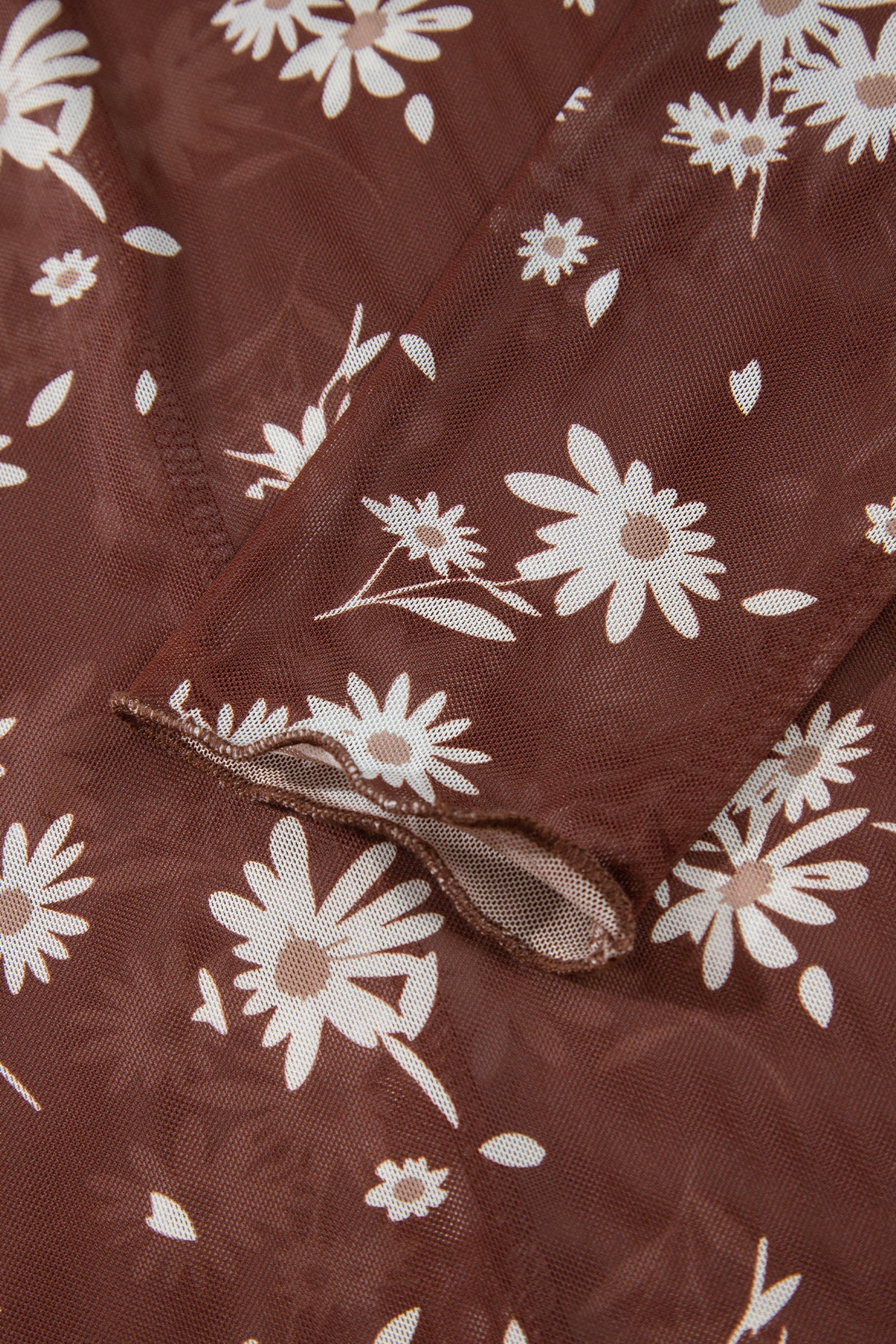 Brown Floral Print Sheer Mesh Long Sleeve Top