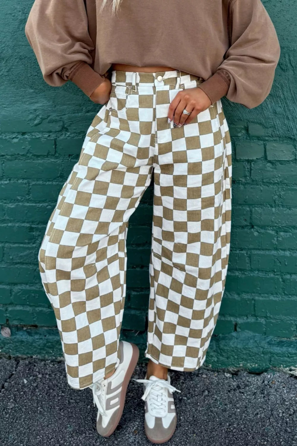 Checkered Print Denim Barrel Pants