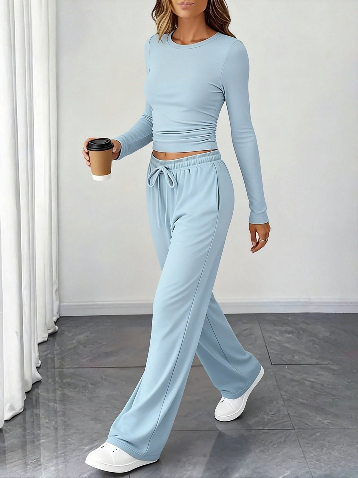Amazon New European And American Style Slimming Waist-Cinching Fashionable Casual Suit Sports Yoga Spring And Summer Round Neck Long-Sleeved Women's Clothing