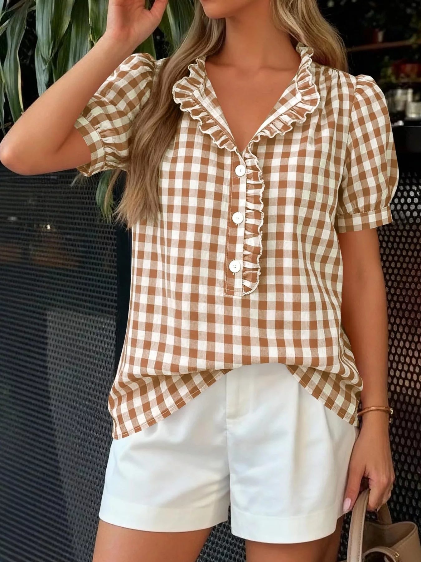 Gingham Button Front Puff Sleeve Blouse