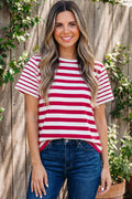 Red Stripe Patchwork Round Neck T Shirt