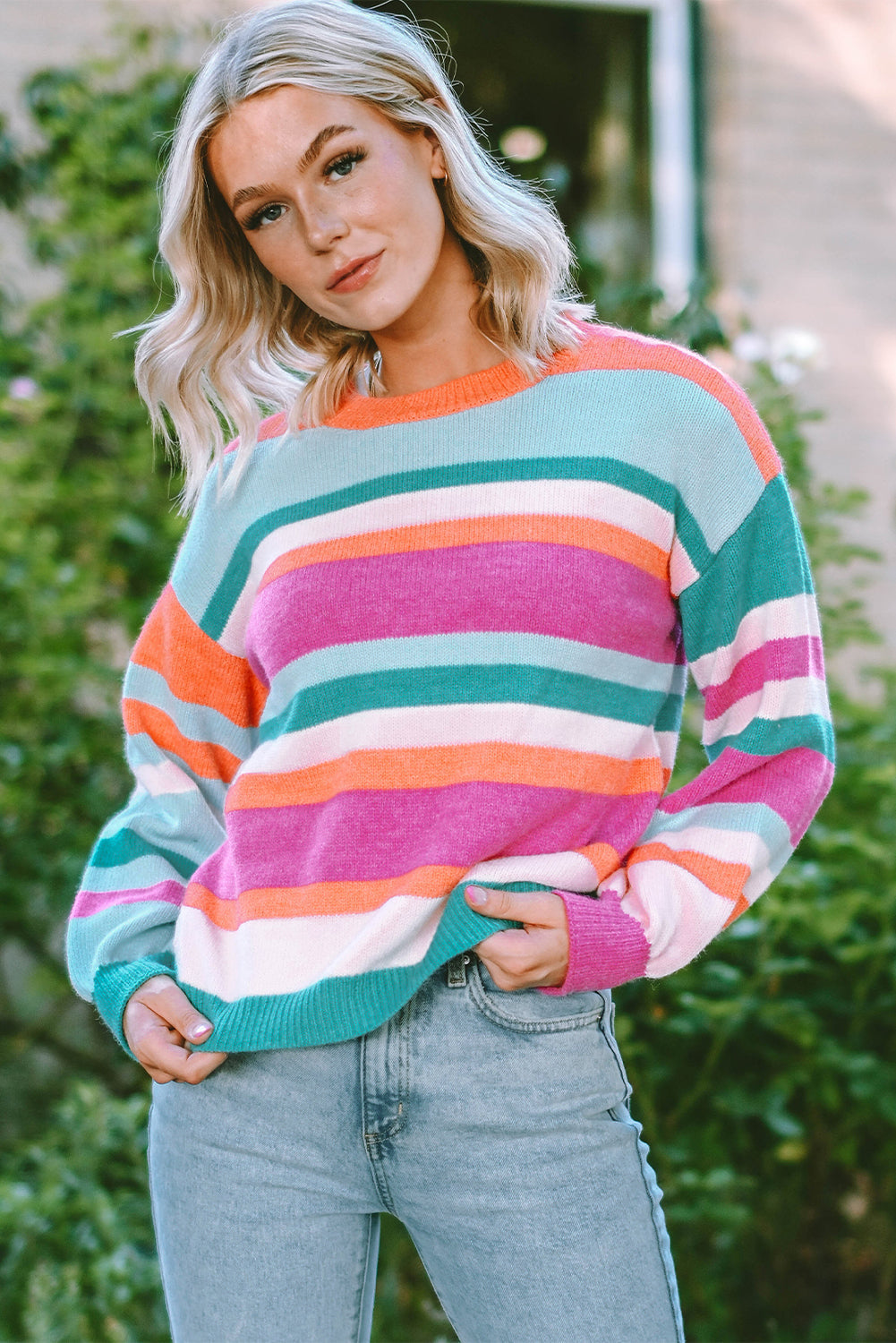 Stripe Knit Drop Shoulder Puff Sleeve Sweater