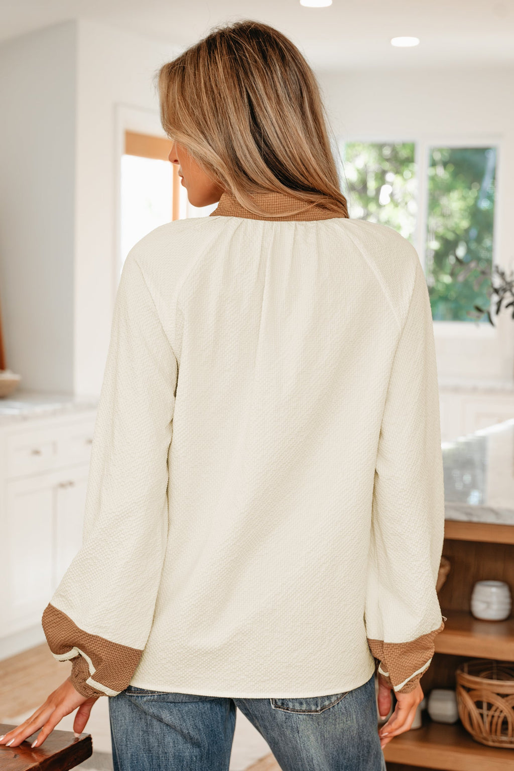 Jet Stream Color Block Patchwork Detail V Neck Textured Long Sleeve Blouse