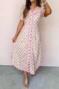 Floral Scallop Trim V-Neck Button Front Maxi Dress