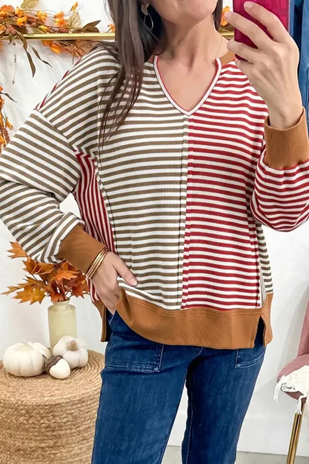 Colorblock Striped V-Neck Top