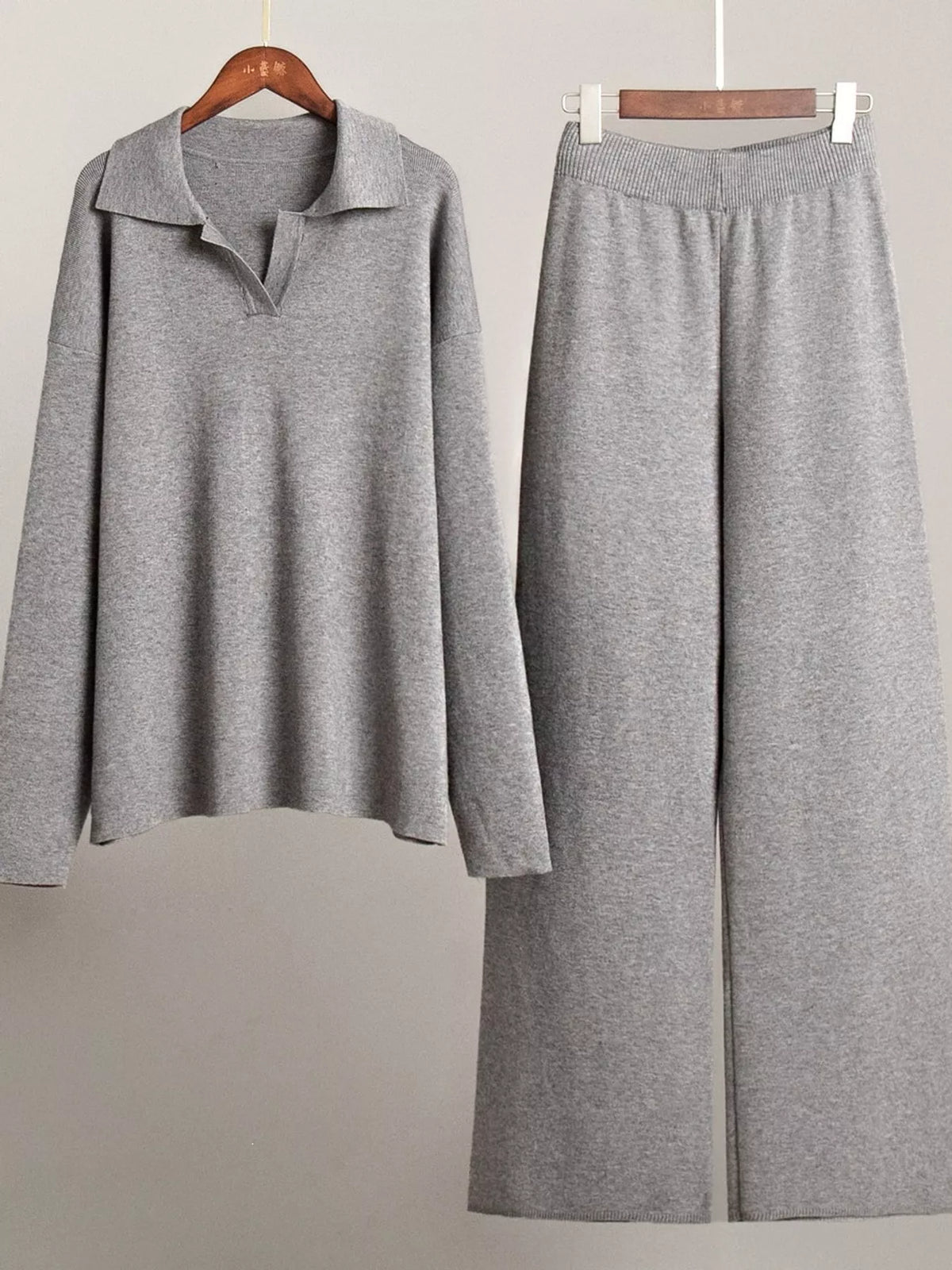 Polo Collar Top and Wide-Leg Pants Set
