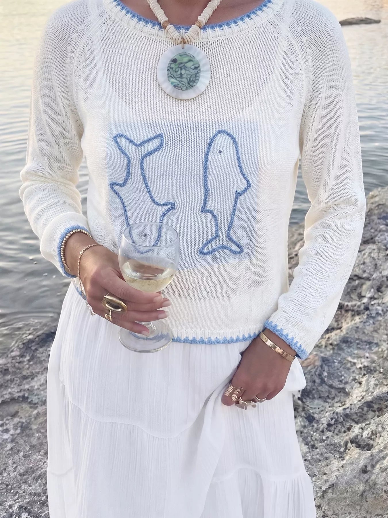 Fish Contrast Trim Knit Top