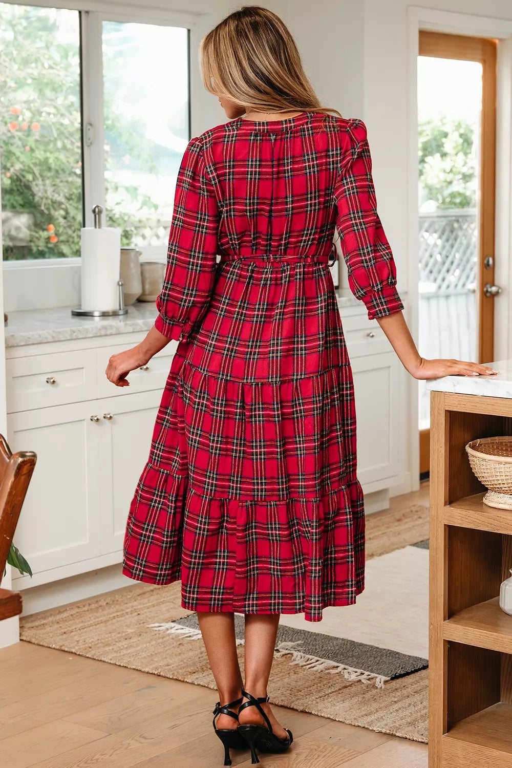 Christmas Plaid V Neck 3/4 Sleeve Tie Waist Ruffle Hem Midi Dress