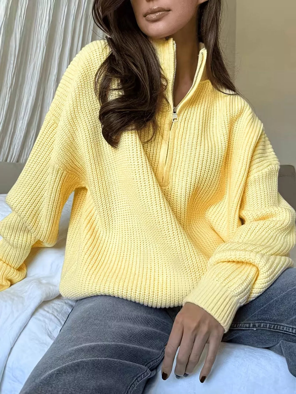 Full Size Half Zip Dropped Shoulder Sweater Plus Size