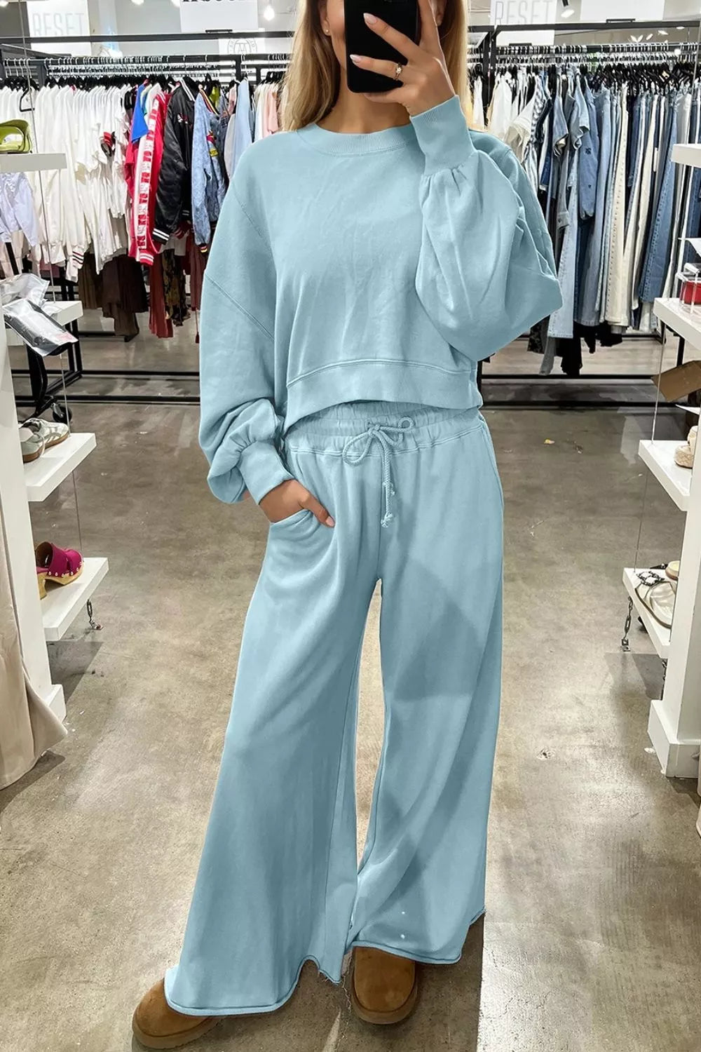 Drop Shoulder Puff Sleeve Crop Pullover Drawstring Wide Leg Pants Set