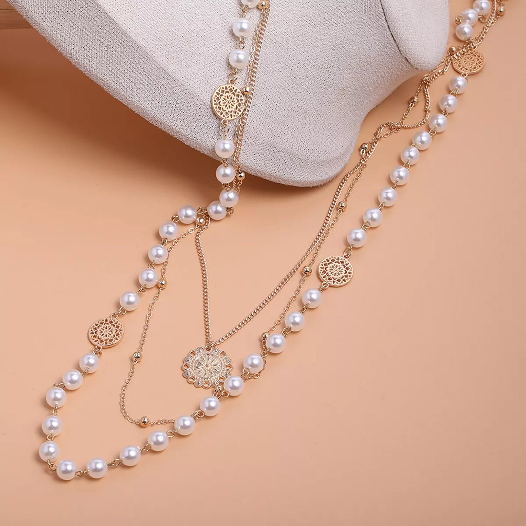 Multi-Layered Pearl and Coin Pendant Necklace